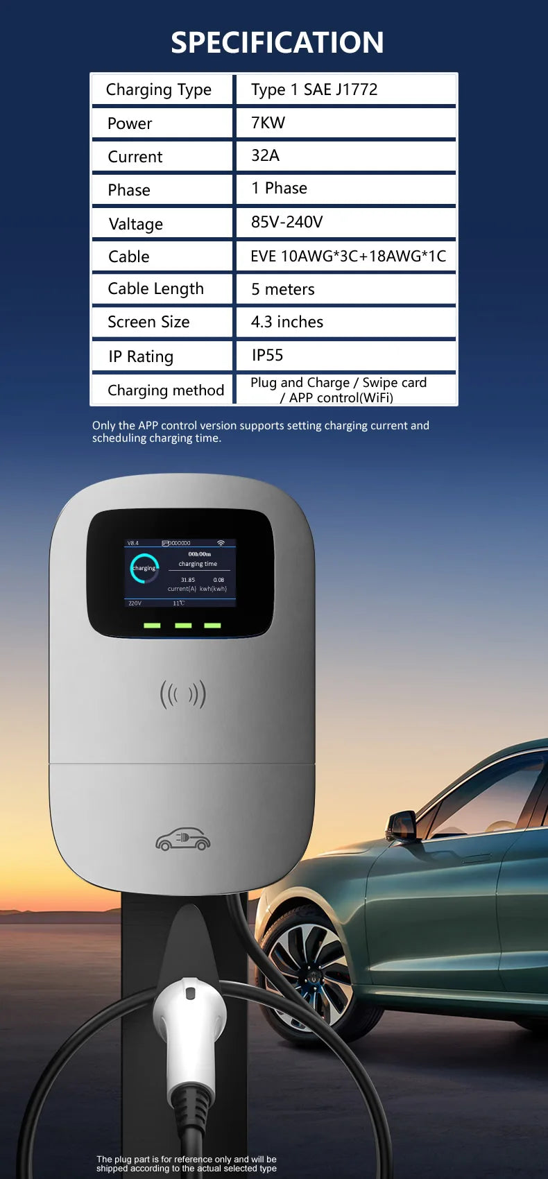 JIGU SAE J1772 EV Charger Type 1 Wallbox Electric Vehicle Charging Station EVSE 7KW 32A 220V 1 Phase Car Charger With Screen