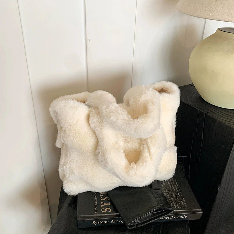 Women's Fluffy Plush Shoulder Bag Autumn Winter Top-Handle Solid Color Tote Versatile Commuter Handbag for Girls