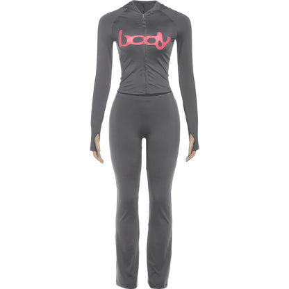 Weird Puss Letter Print Tracksuit 2-Piece Set Women Hooded Jacket+Leggings Matching Stretch Street Casual Sporty Slim Outfits