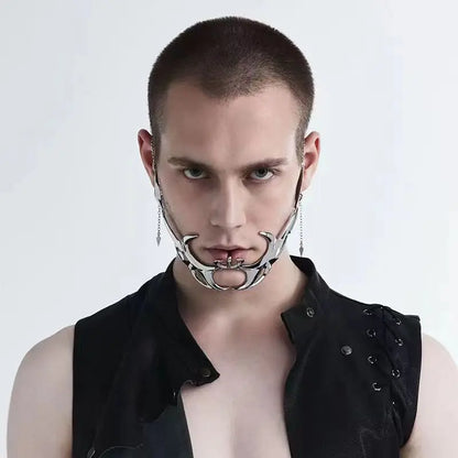 Punk Alien Decent Nose Mechanical Mask Cosplay Chin Gothic Masks Metal Face Wearing Halloween Masquerade Party Accessories