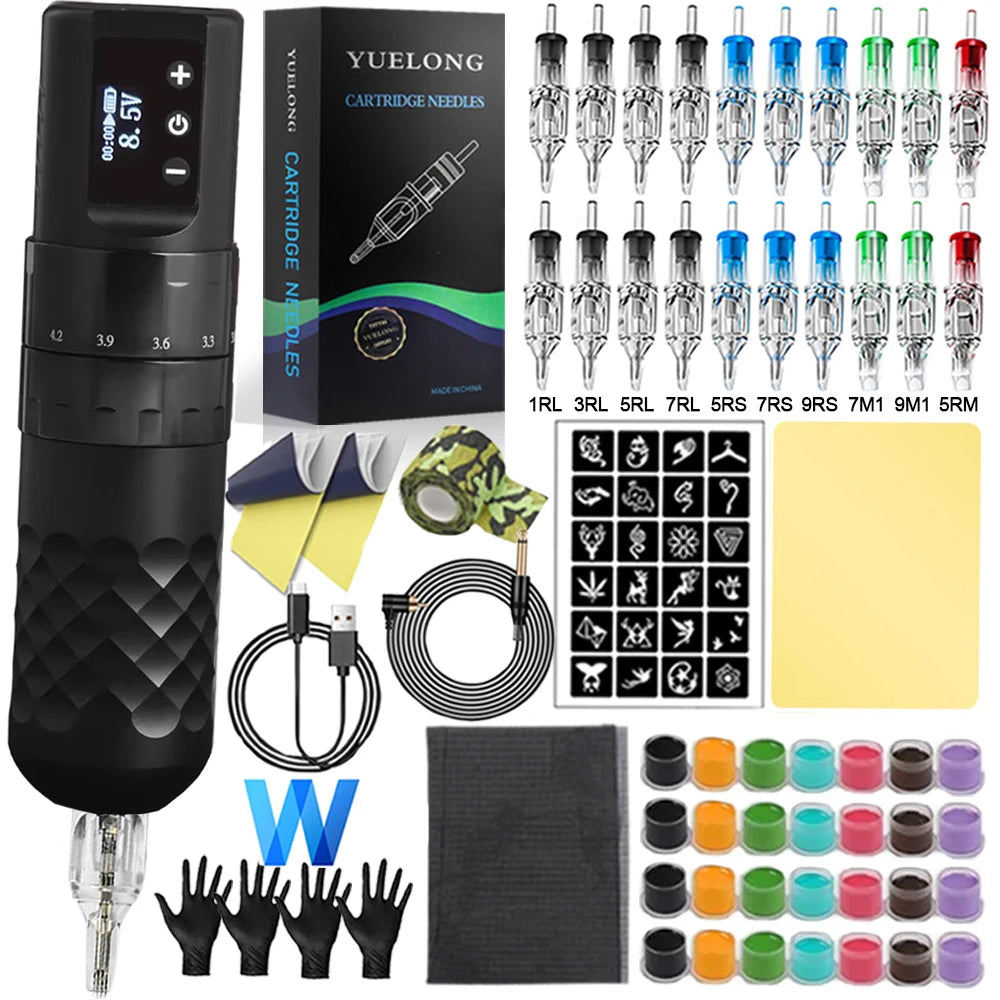 Complete Wireless Tattoo Pen Kit 7 Strokes Adjustable Tattoo Machine with Transfer Printer Ink Set Permanent Makeup Tattoo Kit