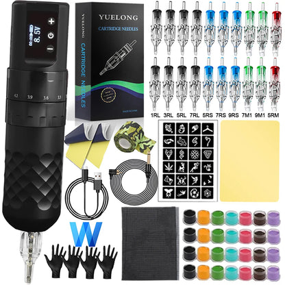 Complete Wireless Tattoo Pen Kit 7 Strokes Adjustable Tattoo Machine with Transfer Printer Ink Set Permanent Makeup Tattoo Kit