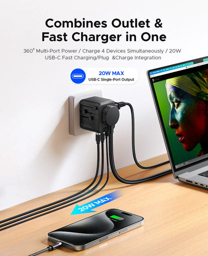 ORICO Universal Travel Adapter Worldwide All-in-One 20W GaN with AC Outlet USB A Type C Dual 10A Fuses Fast Charging EU US UK AU