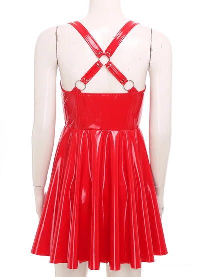 Gothic Punk Women Wet Look Latex Leather Dress Sleeveless Front Cut Out Cups Bodycons Dress Sexy Raves Party Nightclub Clubwear