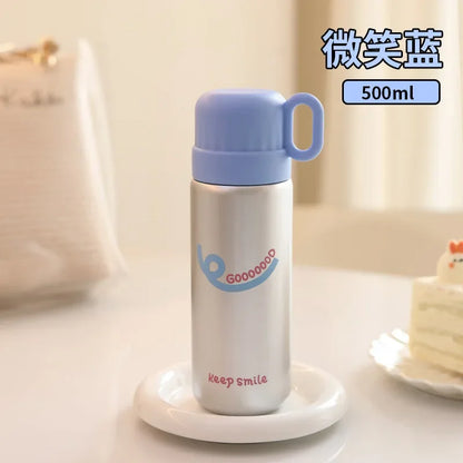500ml Cartoon Stainless Steel Portable Thermos Cup,Cute Student Water Cup,Outdoor One Cover Dual-use Cup Vacuum Insulated Bottle