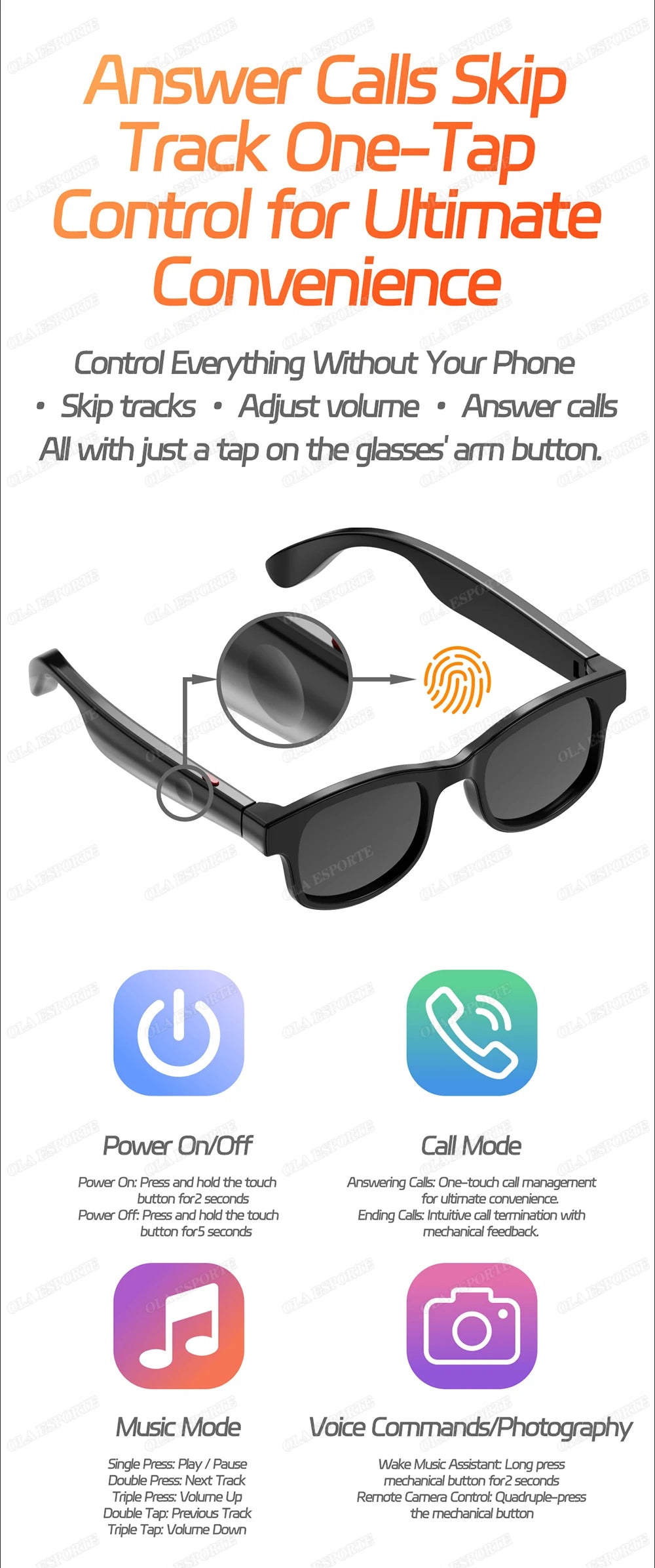 AI Smart Glasses Anti Blue Light Bluetooth 5.3 Wireless Call Music Playback Voice Assistant Amart Glasses Waterproof Sunglasses