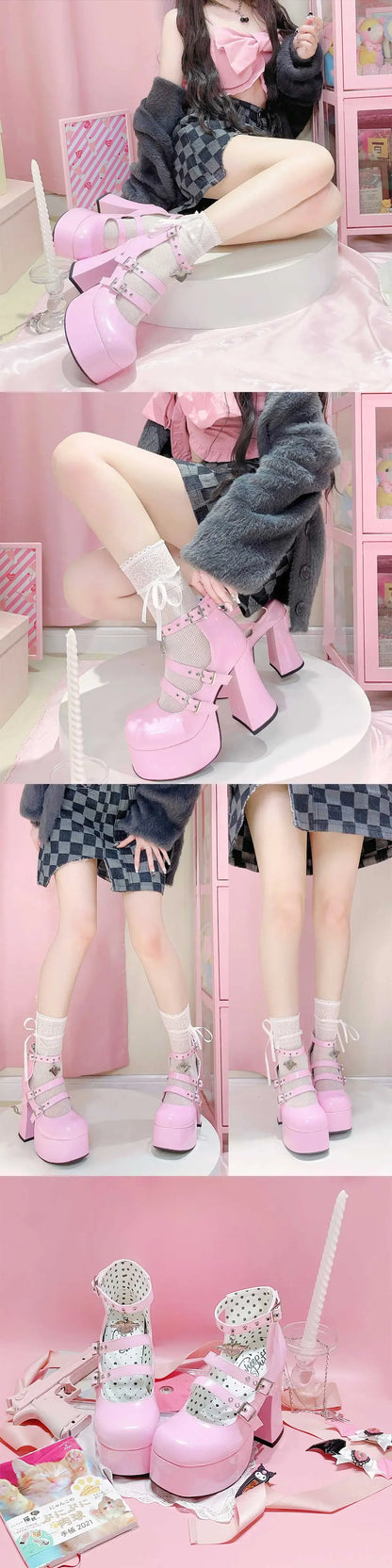 Original Sweet Ladies Elegant Waterproof Platform Leather Shoes Cool Hot Girl High Heels Mary Jeans Chunky Heel Pumps for Women