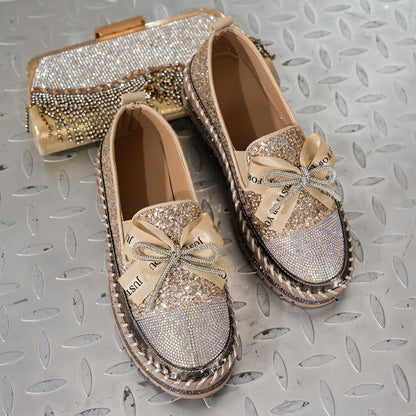 Women Sneakers 2025 New Luxury Crystals Bowknot Loafers Sequined Flat Platform Shoes Couple Fashion Plus Size Sneakers Women