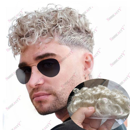 Microskin 0.06mm-0.08mm PU Base Natural Hairline Men's Curly Blonde Human Hair Wig Hair Replacement Capillary Prosthesis Toupee