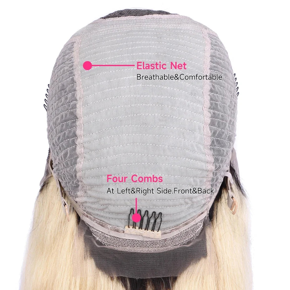 1B 613 Blonde Ombre Human Hair Wigs 13x6 Lace Front Wig Pre Plucked HD Transparent Lace Blond Black Roots Straight 180% Density