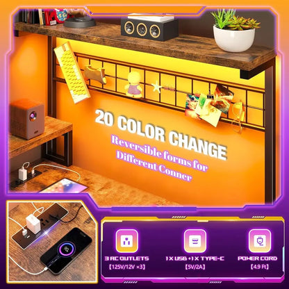 Rustic Brown L-Shaped Gaming Desk with LED & Power Outlets, Reversible Corner Desk with Storage and Hooks,Home Office Customized