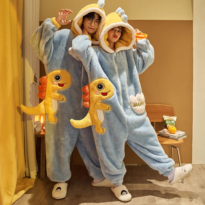 Kigurumi Adults Winter Sleepwear Women Men Pajamas Animal Onesie Thicken Couples Pijamas Cartoon Night Wears For Women Homewear