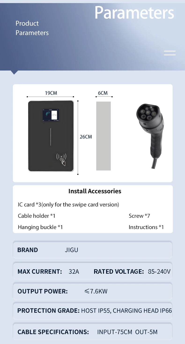 JIGU 1-phase 7kw 32A Type 2 Electric Vehicle Charging Station 3-phase 11KW 22KW EV Charger WIFI Bluetooth Wallbox Car Charger