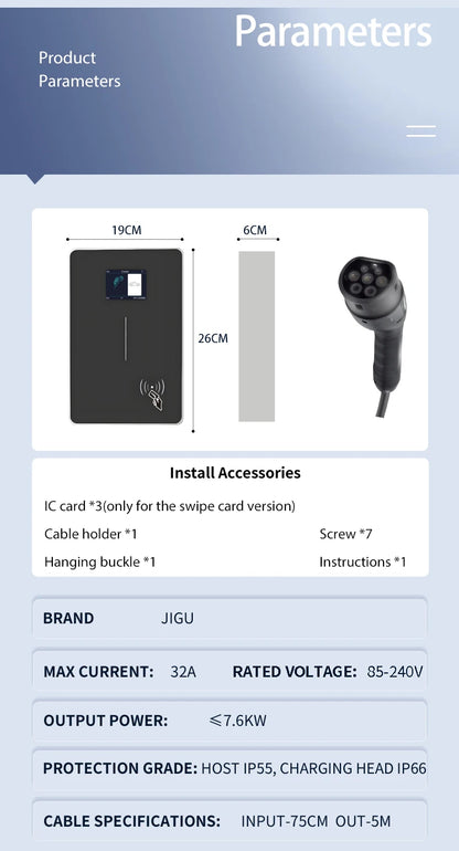 JIGU 1-phase 7kw 32A Type 2 Electric Vehicle Charging Station 3-phase 11KW 22KW EV Charger WIFI Bluetooth Wallbox Car Charger