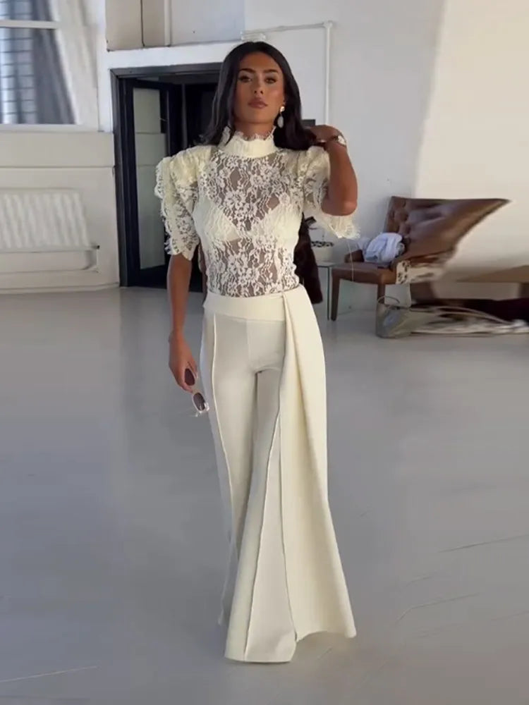 Elegant Ruffles Lace Top Ribbon Flare Pants Sets Women Short Sleeve See through Top High Waist Pant 2026 Summer Evening Outfit