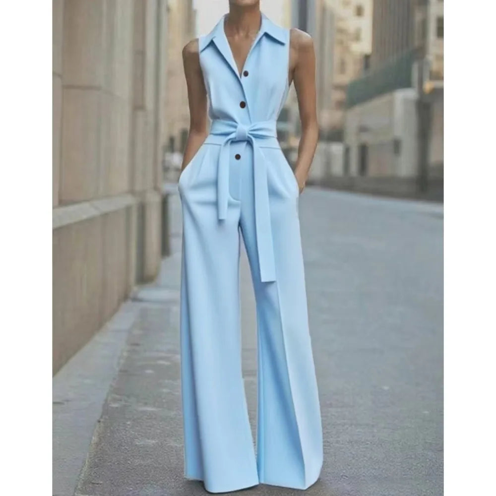 Sleeveless Lapel Jumpsuit Women's Fashion Button Down Shirt Collar Solid Color Wide Leg Commuting Office With Pocket Jumpsuit