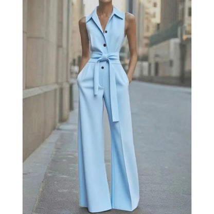 Sleeveless Lapel Jumpsuit Women's Fashion Button Down Shirt Collar Solid Color Wide Leg Commuting Office With Pocket Jumpsuit