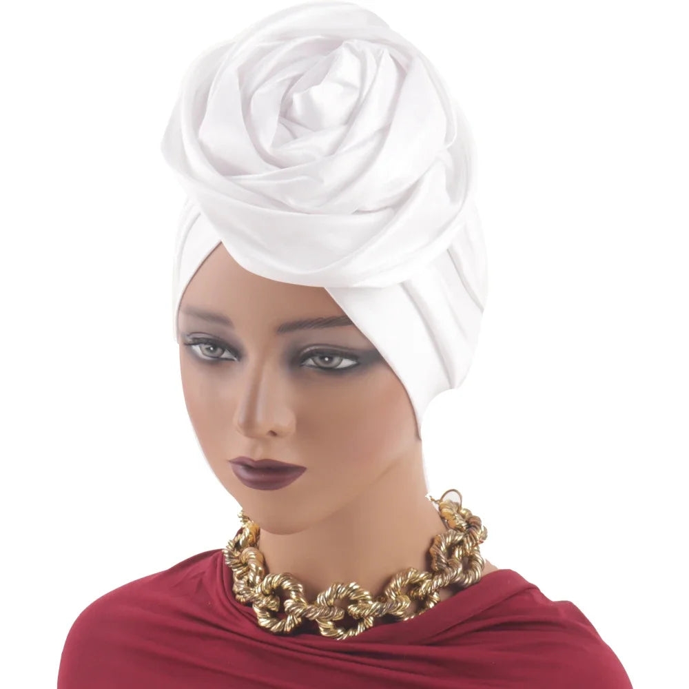 Raw Silk Big Rose Flower African Turban Caps for Women Headwear Head Wraps Nigerian Wedding Geles Party Headgear Bonnet