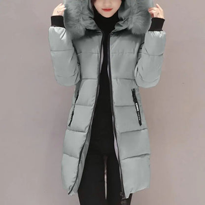 2025 Women Winter Cotton Coat Thickened Padded Stuffed Hooded Mid Length Warm Winter Coat Solid Color Slim Fit Lady Down Coat