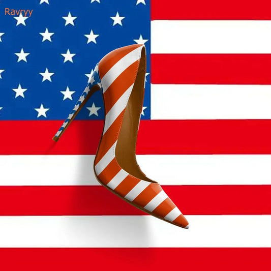 American Flag Prints Thin Heels Shoes Pointed Toe Patent Leather Women Shoes Slip On Pumps Shallow Party Fashion Shoes