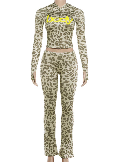 Weird Puss Letter Leopard Print 2 Piece Set Women Casual Zip Hooded Crop Jacke+Leggings Matching Stretch Sporty Street Outfits