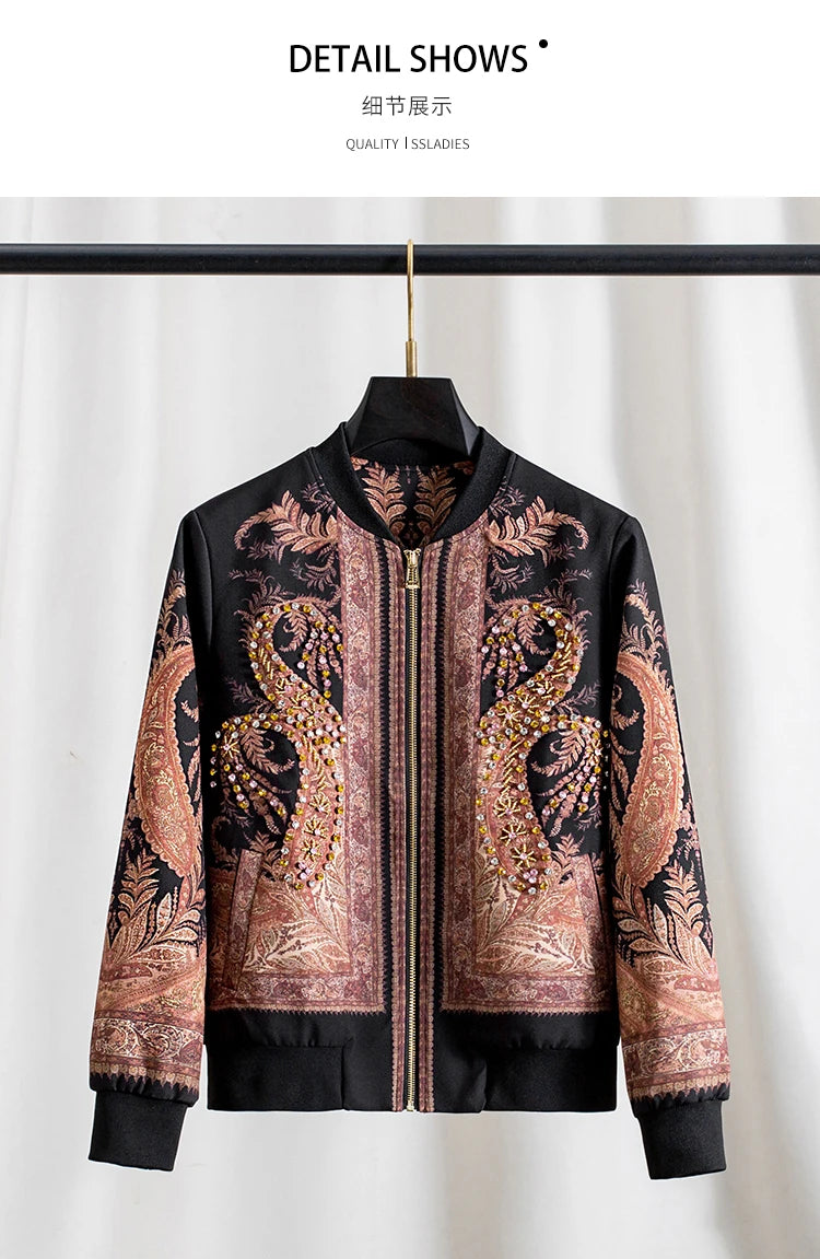 Luxury Rhinestone Stand Collar Bomber Jacket for Women, Vintage European Style Loose Fit Zip up Long Sleeve Spring Autumn Coat