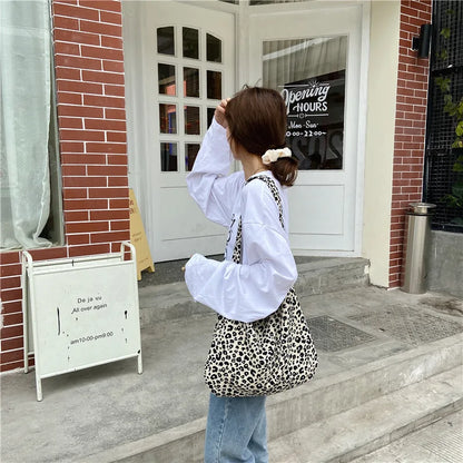 Women's Shoulder Bags Leopard Print Flower Fashionable Trendy Canvas Cross Bags Large Capacity Portable Shopping Shoulder Bags