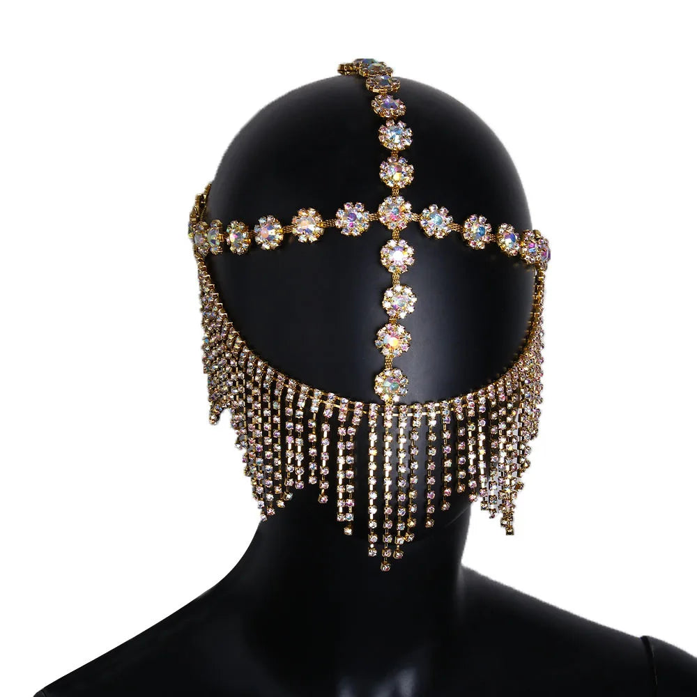 Charms Sexy Rhinestone Tassel Masquerade Face Jewelry For Women Facial Accessories Banquet Party Mask Full Face Chain Decoration
