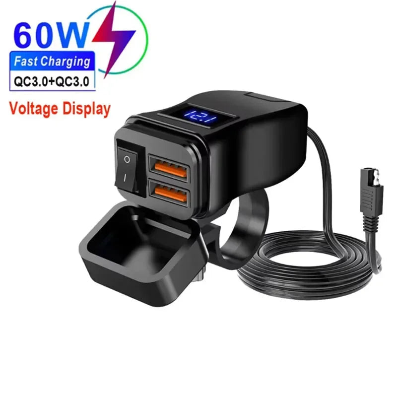 60W Motorcycle USB Fast Charger PD QC3.0 Power Supply Adapter Handlebar Dual USB Socket Waterproof with Switch Voltmeter
