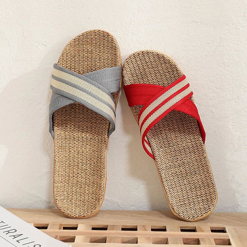 Summer Women's Slippers Home Flats Hemp Luxury Designer Woman Shoes Casual Indoor Slides Couple 2026 Soft Lightweight Large Size