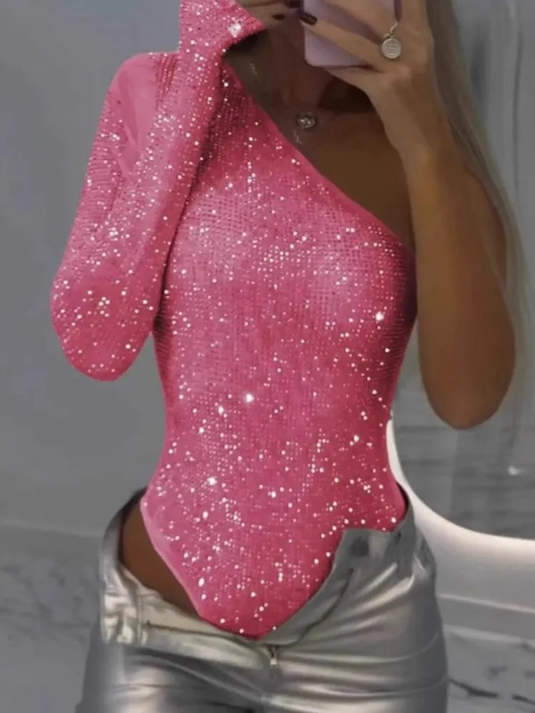 Fashion Sexy Sequins Bodycon Top For Women Slim Diagonal Collar Off Shoulder Tops Lady Holiday Party Streetwear Womens Clothing