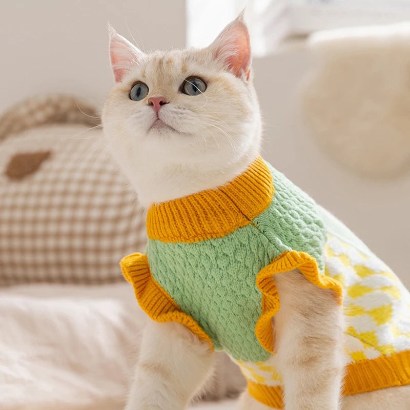 Diamond Grid Solid Cat Sweaters Warm Wool Knitting Winter Sphinx Small Dogs Clothing Ruffle Sleeve Female Girl Puppy Overalls