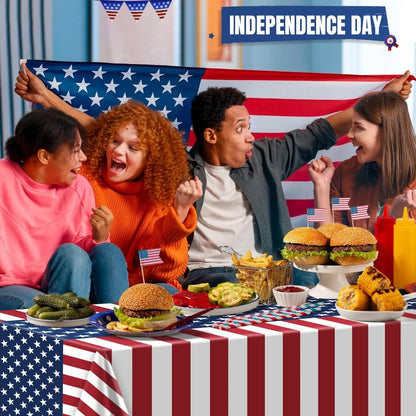 Patriotic American Flag Plastic Tablecloth for 4th of July, 250th Anniversary, Memorial Day, 54"x108", 2 Pack