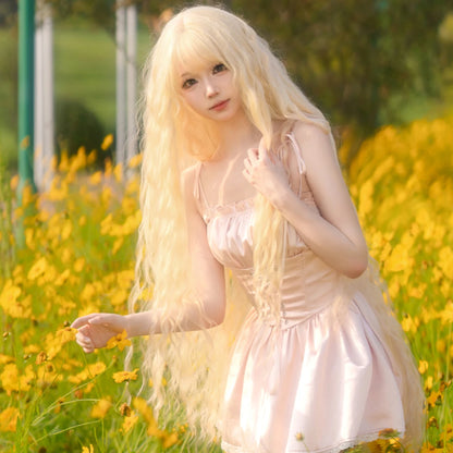 PARK YUN Extra Long Blonde Cosplay Wigs With Bangs Loose Long Curly Blonde Lolita Wig Synthetic Heat Resistant  Wig 44 Inch