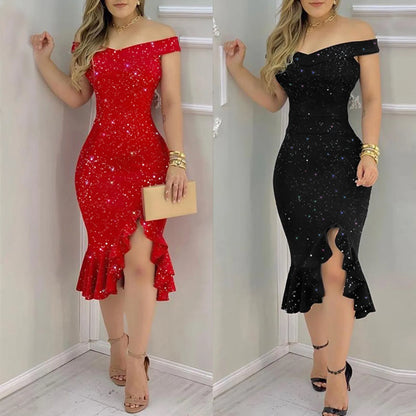 Women's Fashion Sexy Summer Off Shoulder  Short Sleeve Sequin Ruffle Irregular Dresses elegant women's dresses for party 2024