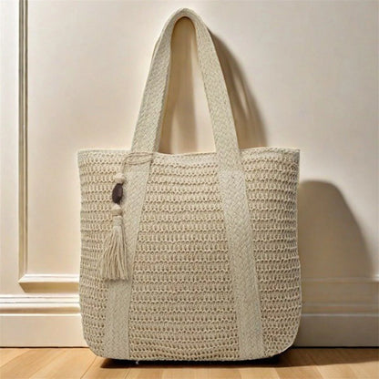 Women Hand Woven Tote Bag Solid Color Large Capacity Square Handbag Straw Shoulder Bag with Tassel Pendant
