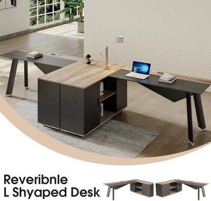 63in L-Shaped Executive Desk with 47" lateral File Cabinet/Storage Shelves Business Writing Table Computer Desk for Home Office