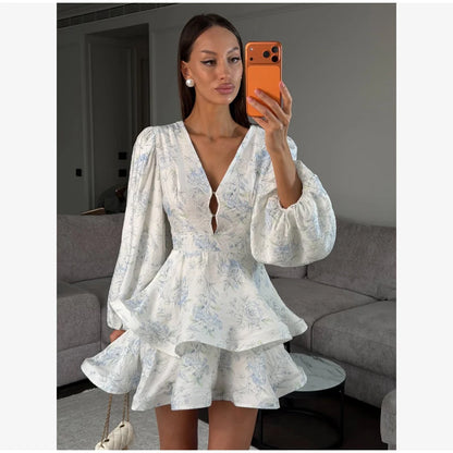 Sexy Deep V-neck Floral Printed  Long Sleeve Women Dress Fashion Waist-cinched Pleated Button-front Vestidos 2026 Daily Outfits