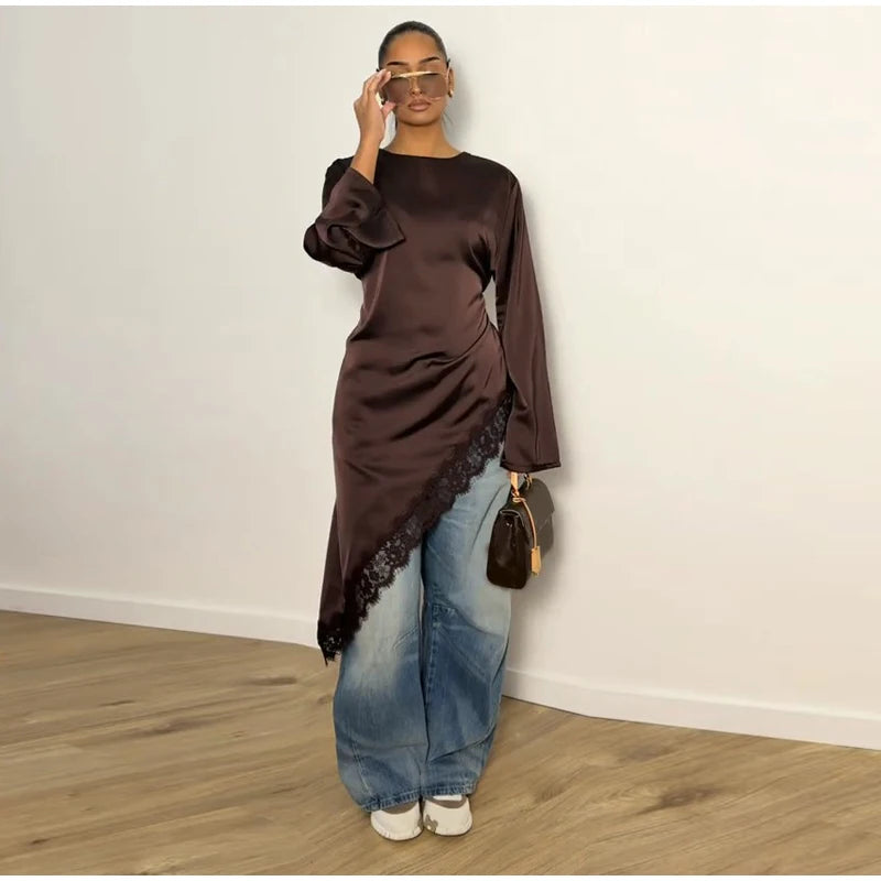 Tie Up Lace Women's Top Sexy O-neck Patchwork Irregular Full Sleeves Blouse Female 2026 Spring Fashion All Match Woman Shirts