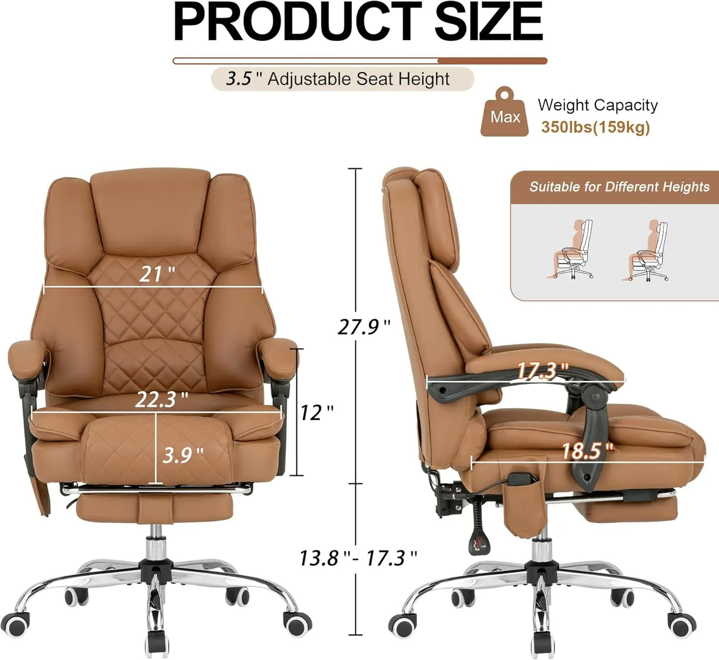 Kneading Massage Executive Office Chair with Heated,90-135° Reclining with Footrest,Ergonomic Desk Chair,Diamond-Stitched Cushio