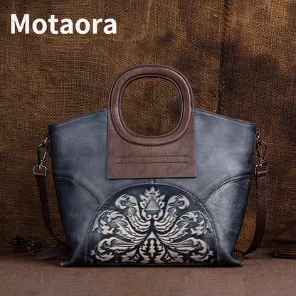 MOTAORA Genuine Leather Luxury Shoulder Bags for Women, Vintage Handmade Designer Cowhide Handbags with Embossed Details