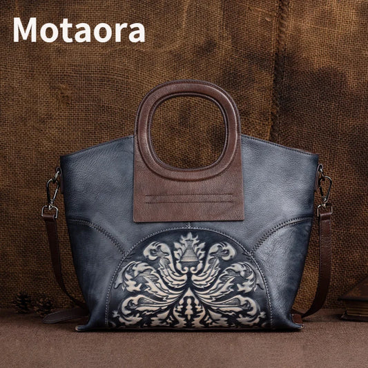 MOTAORA Genuine Leather Luxury Shoulder Bags for Women, Vintage Handmade Designer Cowhide Handbags with Embossed Details