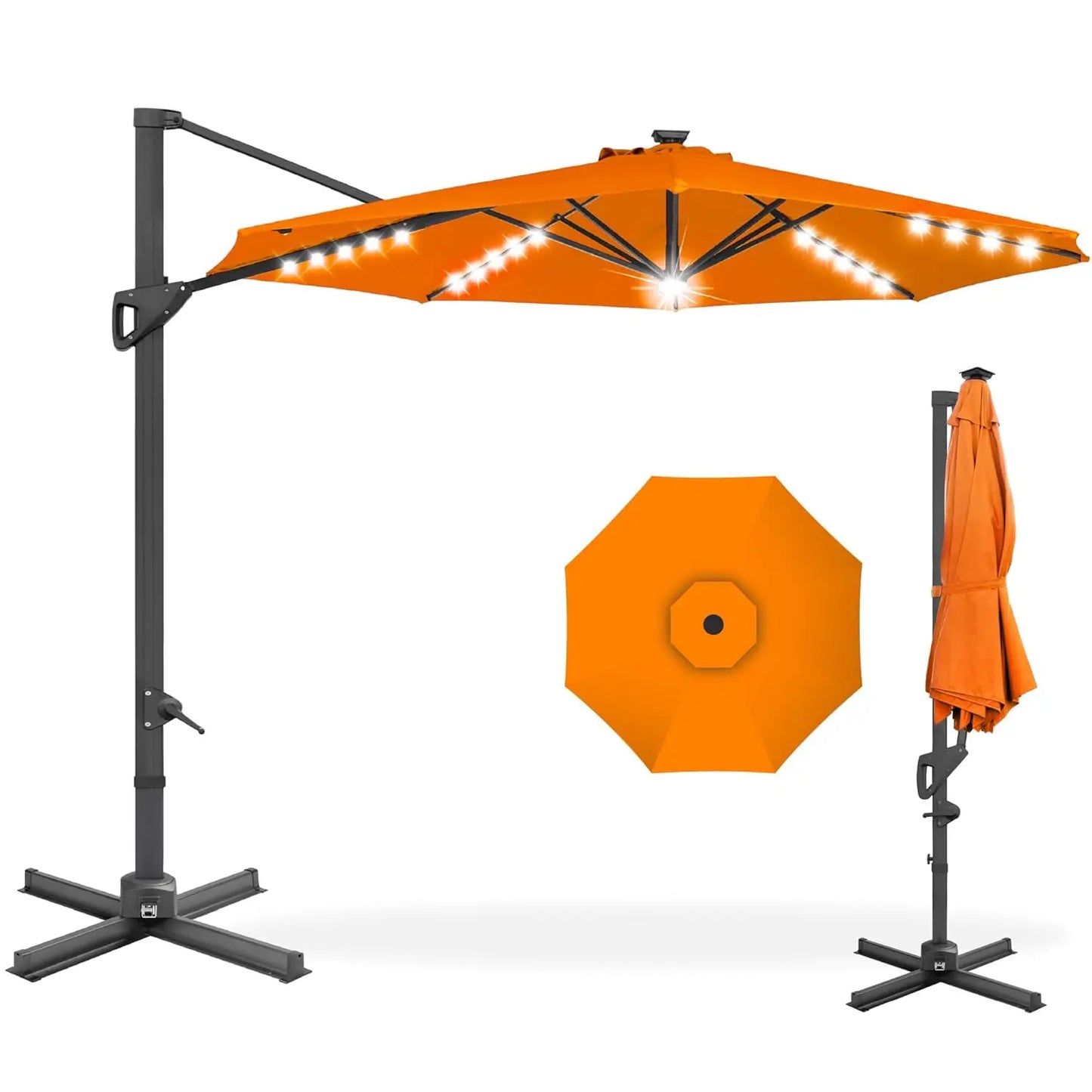 10ft Solar LED Cantilever Patio Umbrella, 360-Degree Rotation Hanging Offset Market Outdoor Sun Shade for Backyard,, Customized