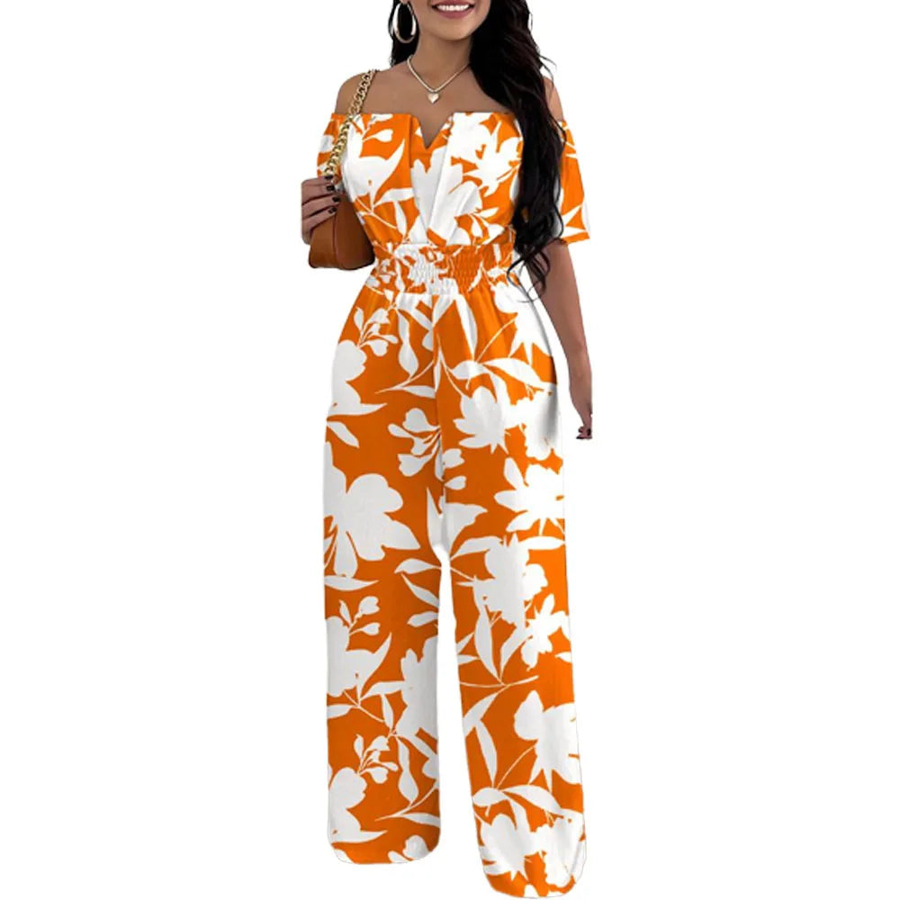 Summer New Women Sexy One Line Shoulder Solid Color Short Sleeve Jumpsuit Slim Elastic Waist Loose Straight Female Long Jumpsuit