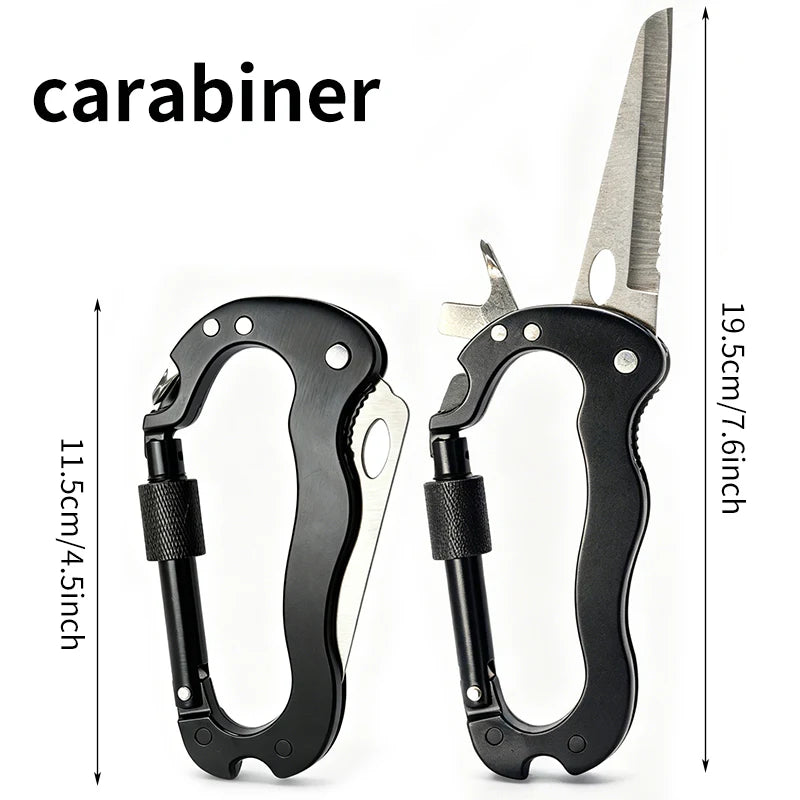 7-in-1 Multifunctional Carabiner EDC Survival Gear with Knife Bottle Opener Fire Starter Screwdriver for Camping Hiking