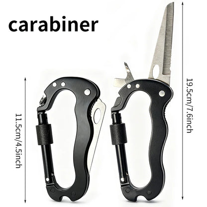 7-in-1 Multifunctional Carabiner EDC Survival Gear with Knife Bottle Opener Fire Starter Screwdriver for Camping Hiking