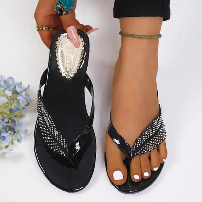 Luxury Rhinestone Leaf Flip Flops Woman Summer 2026 Gold Silver Crystal Low Heel Sandals Women Soft Bottom Lightweight Shoes 43
