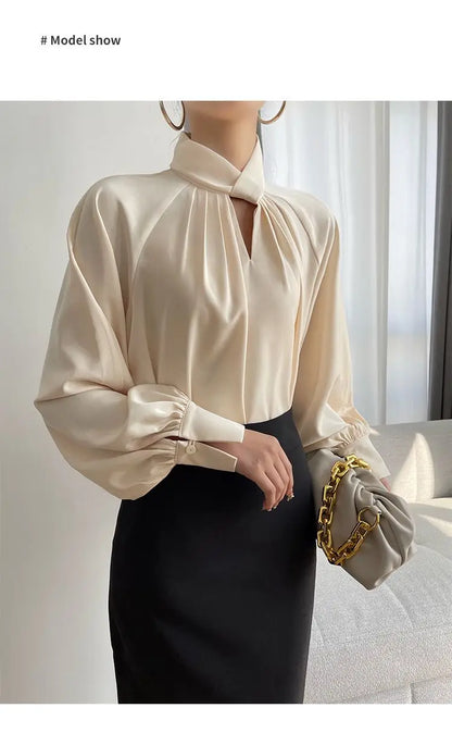 Office Lady Hollow Out Loose Shirt Tops Spring Autumn New Long Sleeve Elegant Solid Blouse Temperament Fashion Women Clothing