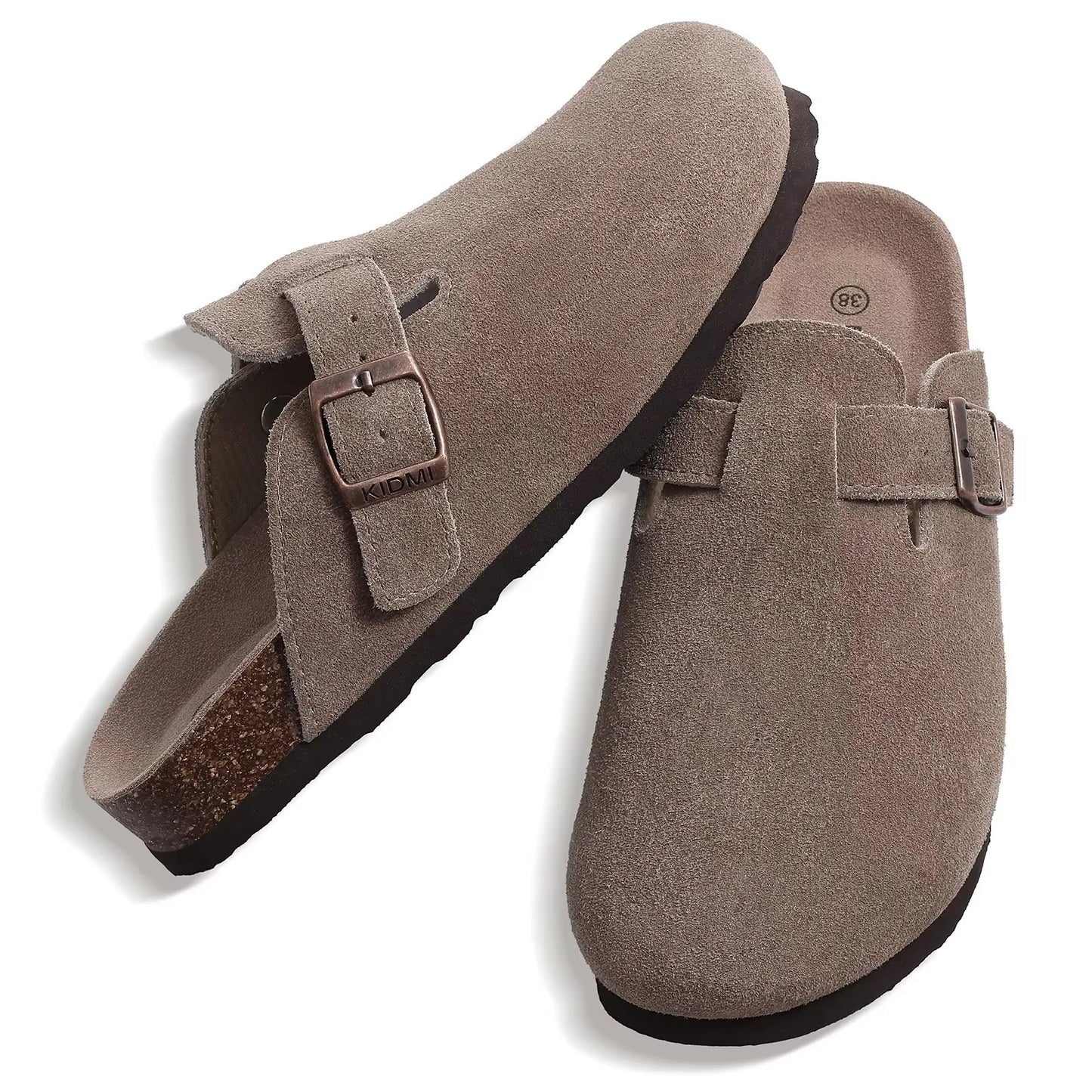 Crestar Women's Suede Clogs Lady Fashion Buckle Leather Mules Comfort Cork Footbed Potato Shoes with Arch Support Beach Sandal