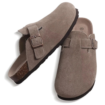 Crestar Women's Suede Clogs Lady Fashion Buckle Leather Mules Comfort Cork Footbed Potato Shoes with Arch Support Beach Sandal